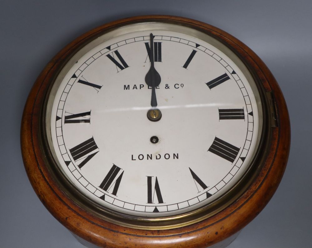 A Victorian kitchen wall clock inscribed Maple & Co, with single fusee movement, mahogany surround, dial 23cm